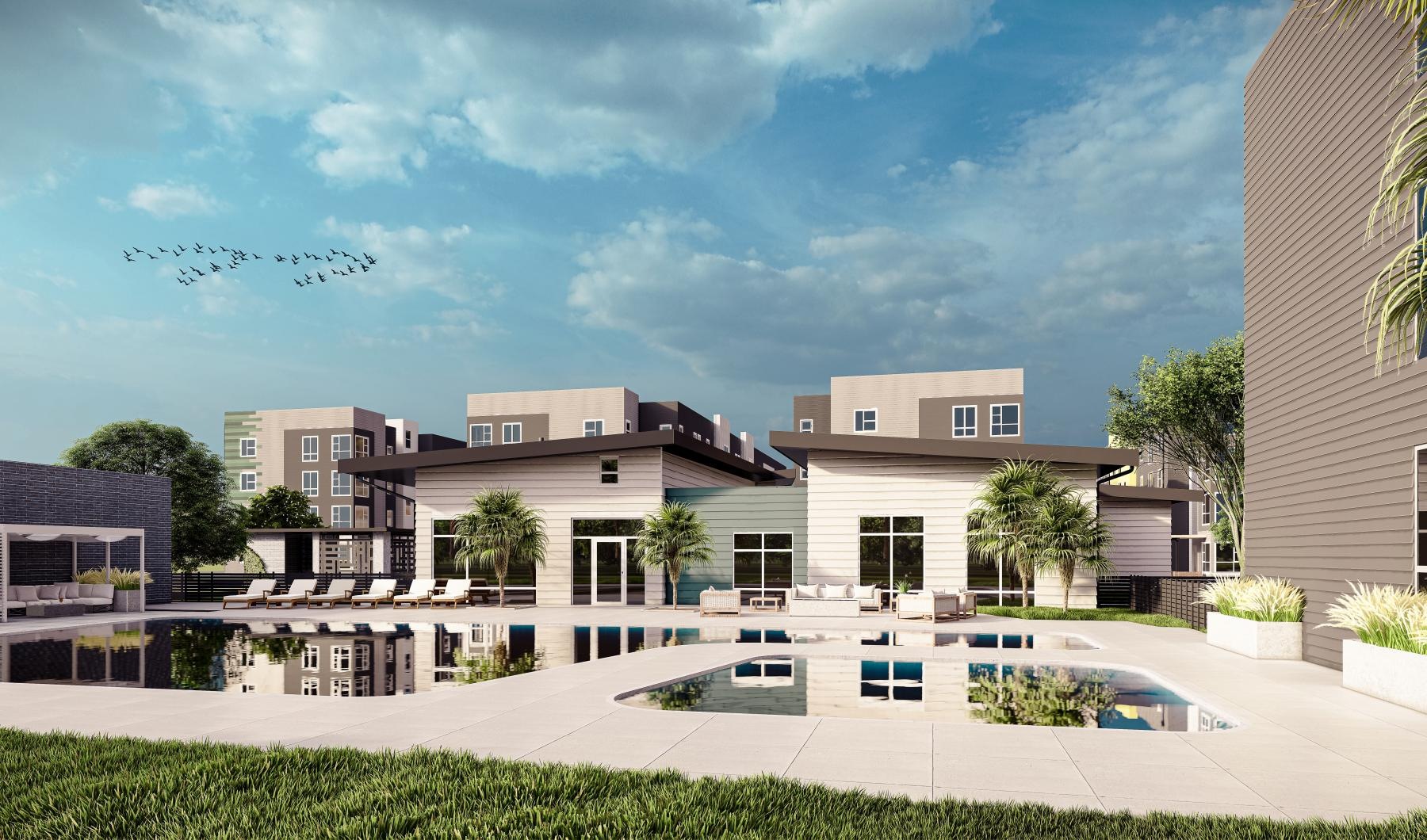 a building with a pool in front