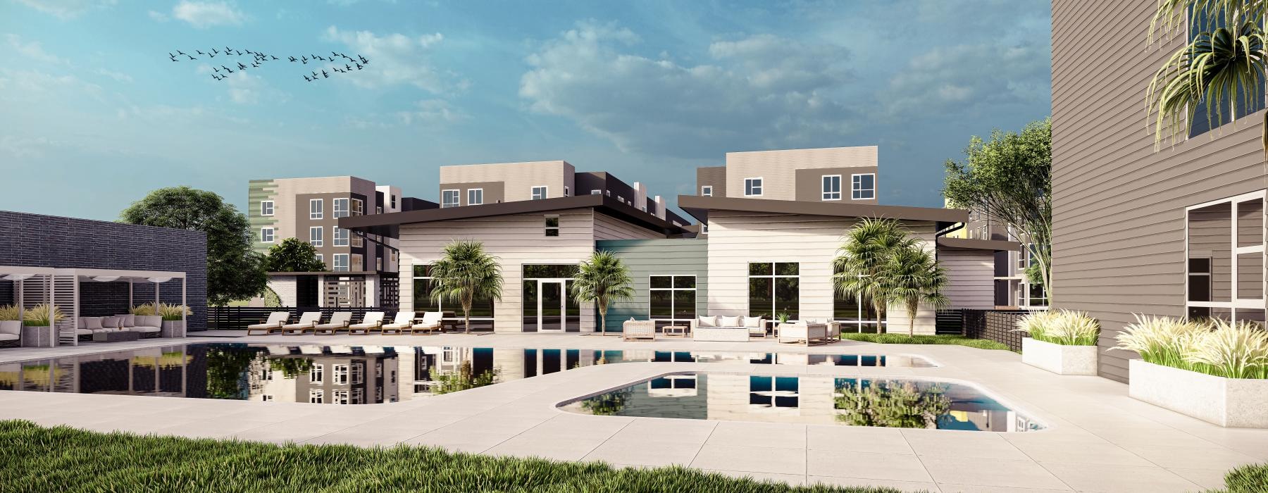 a building with a pool in front