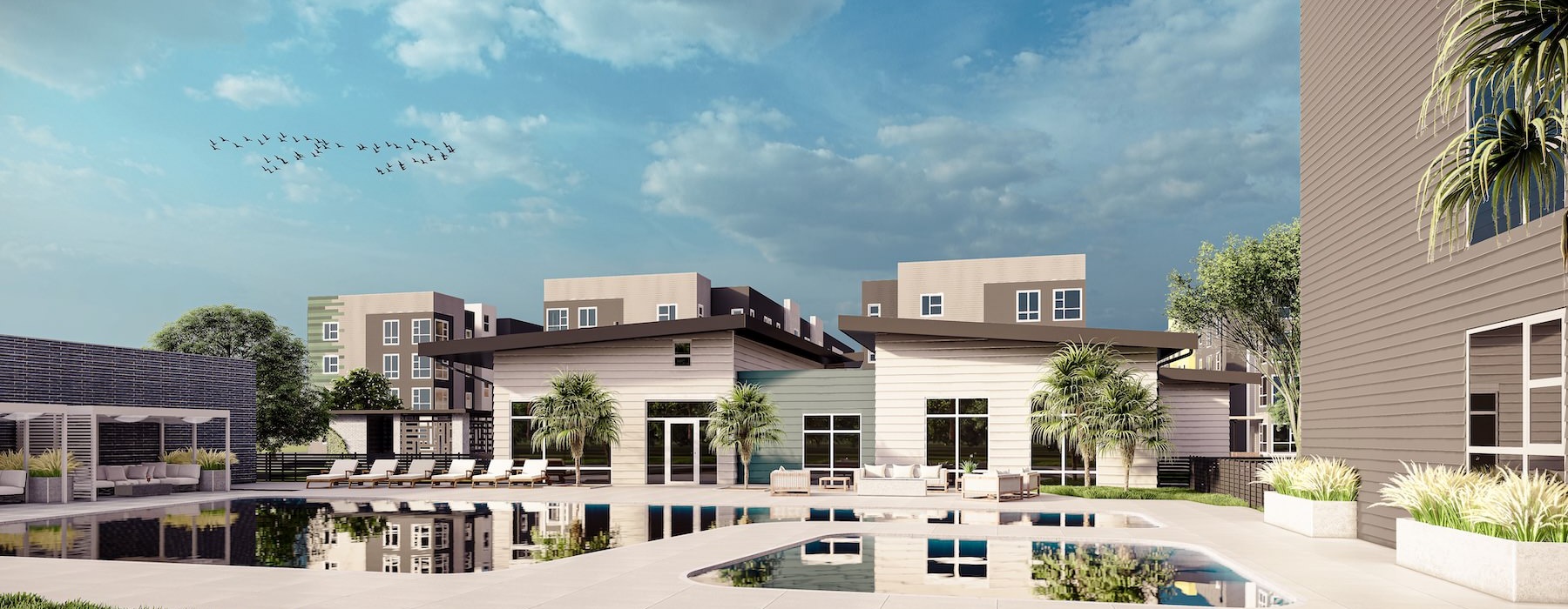 a building with a pool in front