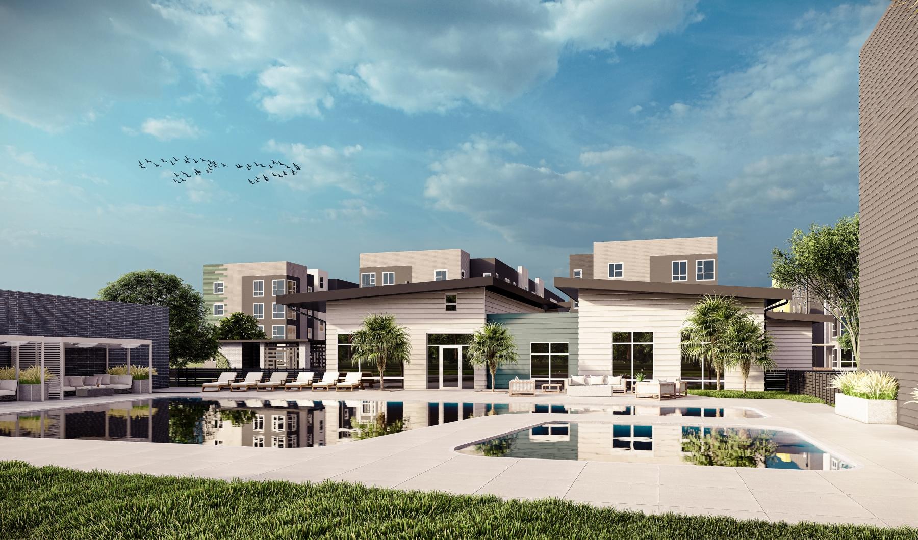 a building with a pool in front